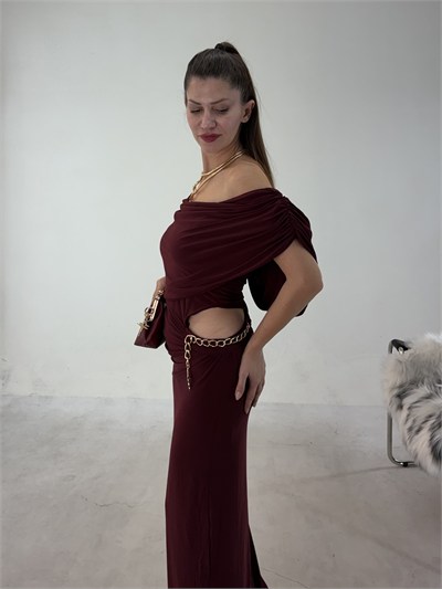Bordo Bel Zincir Detaylı Elbise