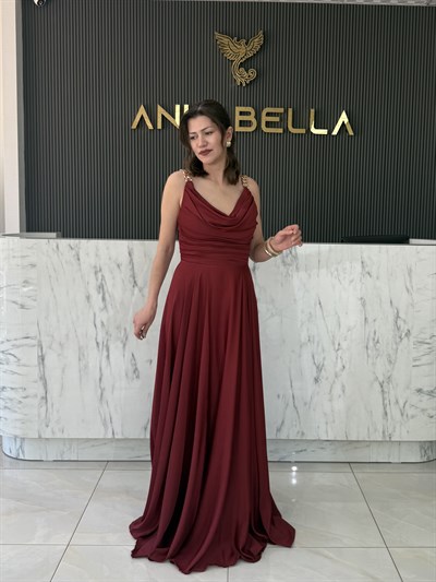 Bordo Degaje Yaka Saten Abiye