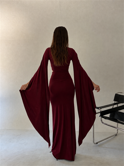Bordo Şal Kol Detaylı Elbise