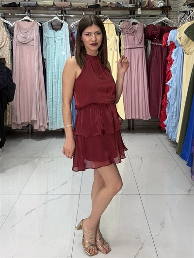 Bordo Şifon Elbise