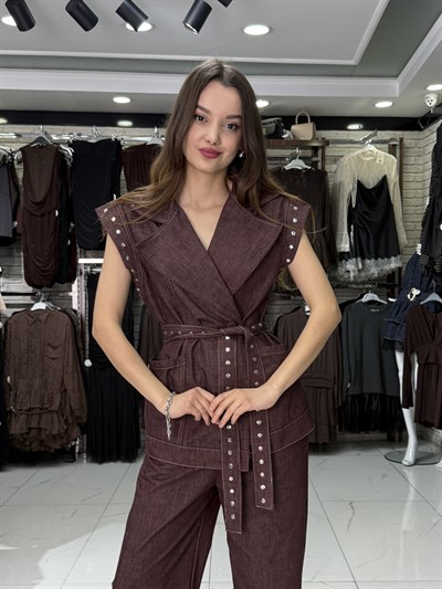 Bordo Zımba Detay Yelek Takım