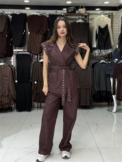 Bordo Zımba Detay Yelek Takım