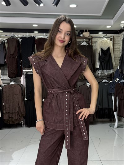 Bordo Zımba Detay Yelek Takım