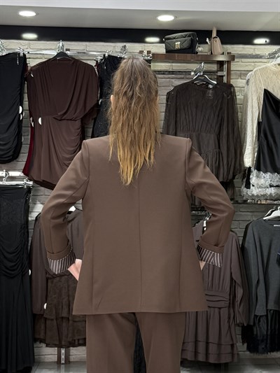 Çizgili Astarlı Acı Kahve Blazer