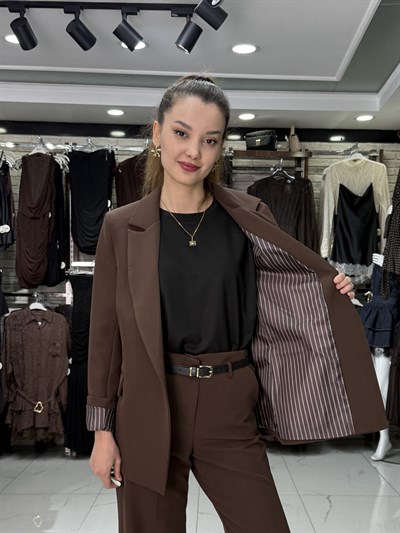 Çizgili Astarlı Acı Kahve Blazer