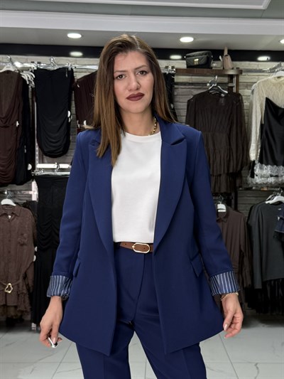 Çizgili Astarlı Saks Mavisi Blazer