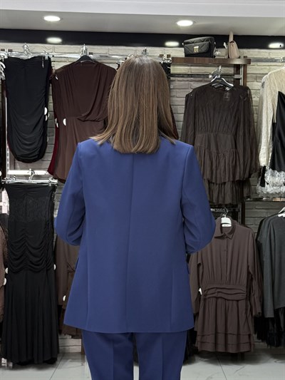 Çizgili Astarlı Saks Mavisi Blazer