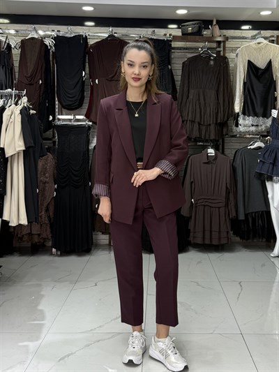 Çizgili Astarlı Mürdüm Blazer