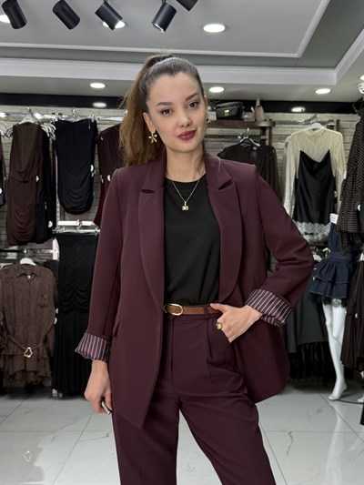 Çizgili Astarlı Mürdüm Blazer
