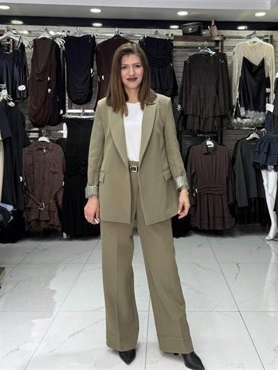 Çizgili Astarlı  Yağ Yeşili Blazer