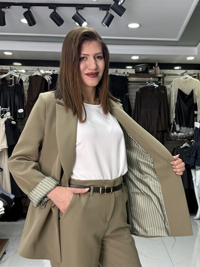 Çizgili Astarlı  Yağ Yeşili Blazer