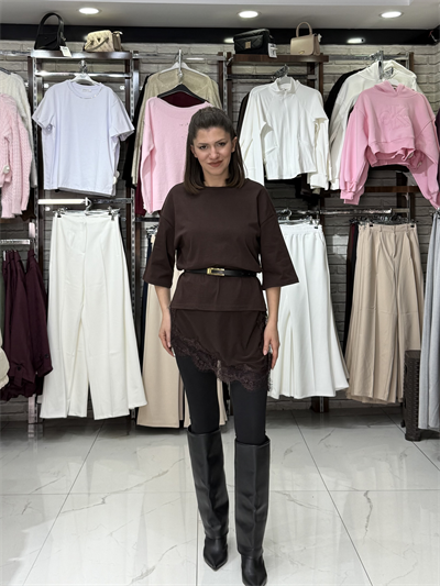 Dantel Detay Kahve T-shirt