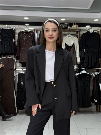 Düğme Detay Siyah Blazer Ceket