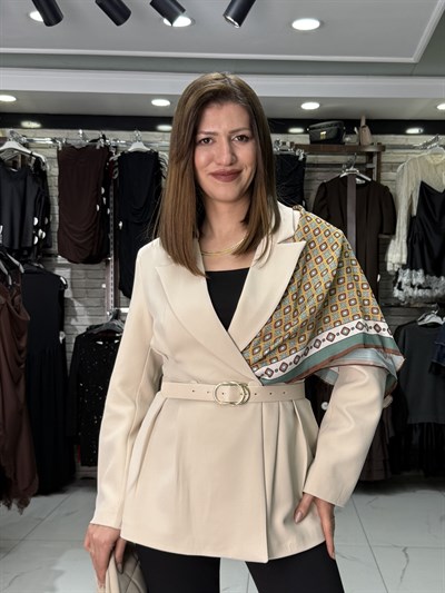 Fularlı Bej Blazer Ceket