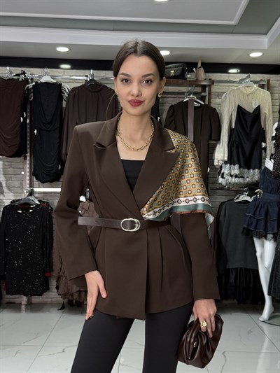 Fularlı Kahve Blazer Ceket