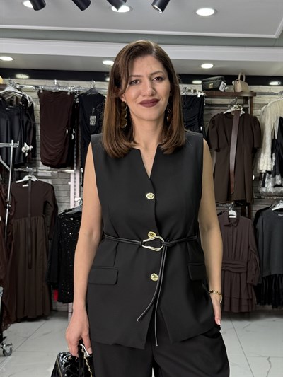 Gold Düğme Detaylı Yelekli Takım