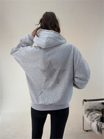 Gri Yıldız Baskılı Taşlı Sweat