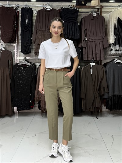 Haki Kemerli Cep Detaylı Pantolon