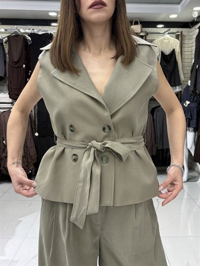 Haki Kuşaklı Kruvaze Yelek Takım