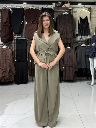 Haki Kuşaklı Kruvaze Yelek Takım