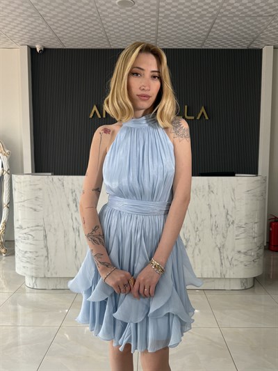 Janjan Boyundan Bağlamalı Bebe Mavisi Elbise