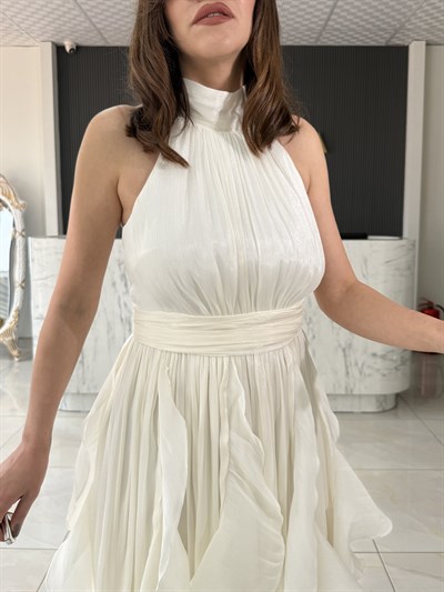 Janjan Boyundan Bağlamalı Beyaz Elbise