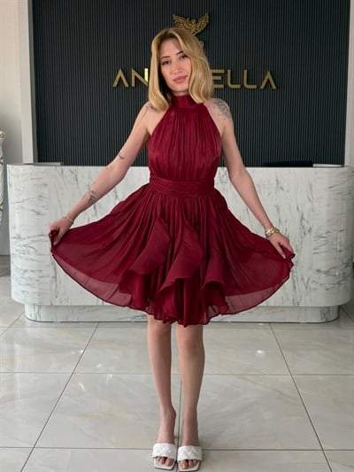 Janjan Boyundan Bağlamalı Bordo Elbise