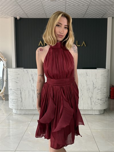 Janjan Boyundan Bağlamalı Bordo Elbise