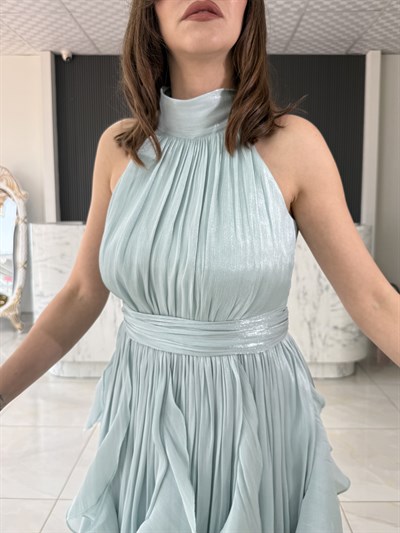 Janjan Boyundan Bağlamalı Su Yeşili Elbise