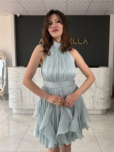 Janjan Boyundan Bağlamalı Su Yeşili Elbise