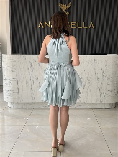 Janjan Boyundan Bağlamalı Su Yeşili Elbise