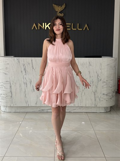 Janjan Boyundan Bağlamalı Toz Pembe Elbise