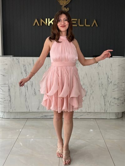 Janjan Boyundan Bağlamalı Toz Pembe Elbise