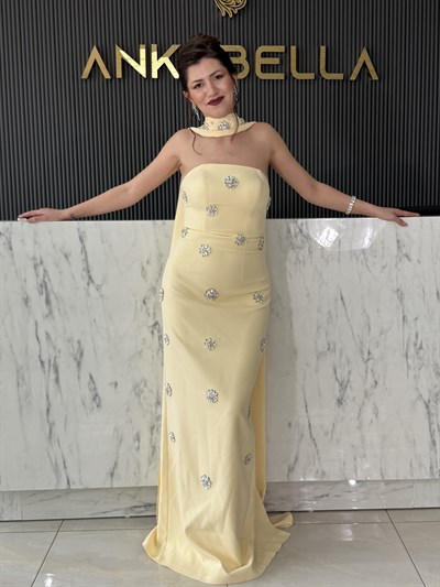 Juliet Taş Baskılı Tereyağ Sarısı Abiye