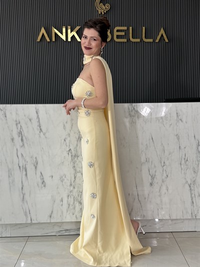 Juliet Taş Baskılı Tereyağ Sarısı Abiye