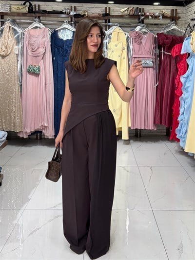 Kahve Asimetrik Bluz Pantolon Takım