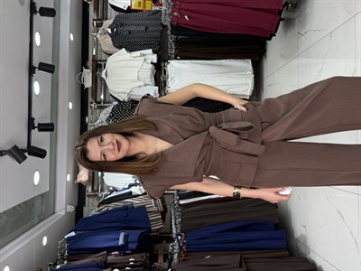Kahve Bel Kuşaklı Yelek Pantolon Takım