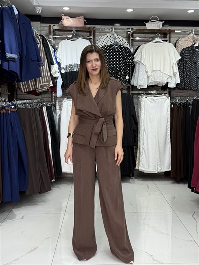 Kahve Bel Kuşaklı Yelek Pantolon Takım
