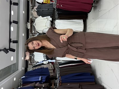 Kahve Bel Kuşaklı Yelek Pantolon Takım