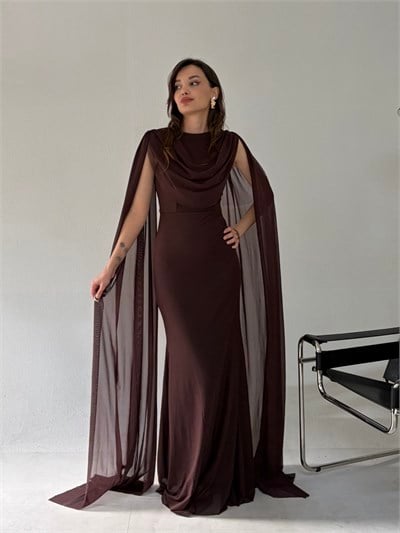 Kahve Bel Volanlı Uzun Pelerin Elbise