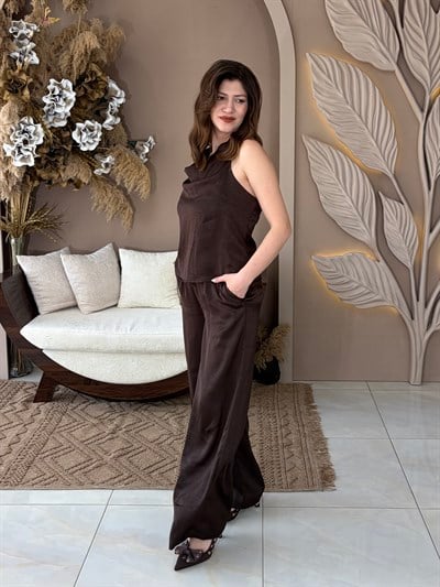 Kahve Degaje Yaka Saten Takım