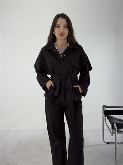 Kahve Denim Kuşaklı Takım