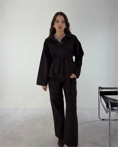 Kahve Denim Kuşaklı Takım