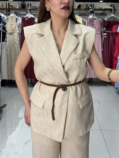 Kahve Hasır Kemerli Keten Yelek