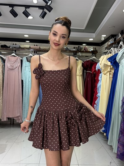 Kahve İp Askılı Puantiyeli Elbise