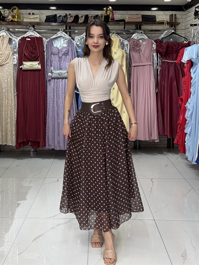 Kahve Kemer Detay Puantiyeli Şifon Etek