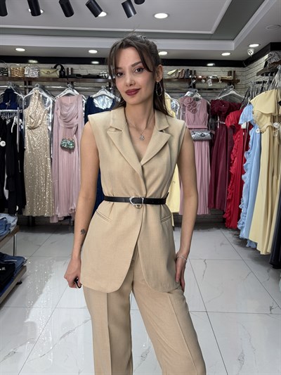 Kahve Kemerli Yelekli Takım