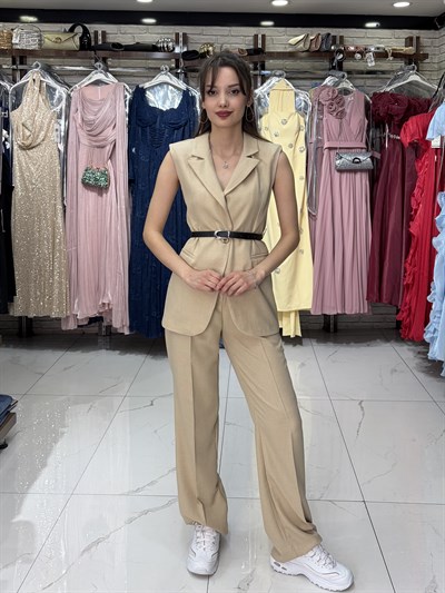 Kahve Kemerli Yelekli Takım