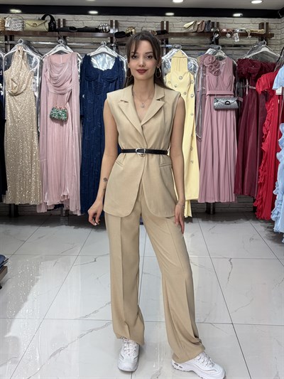 Kahve Kemerli Yelekli Takım