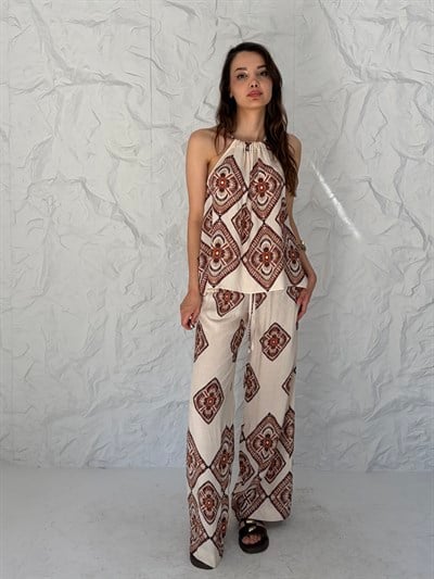 Kahve Motif Desenli Pantolon Takım
